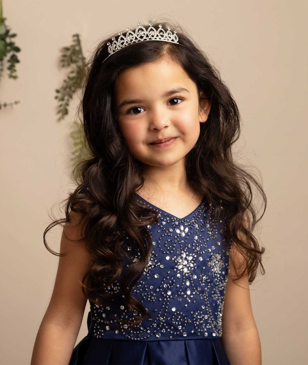 Girls Crystal Satin Navy Ball Gown Dress – EDEN - Navy