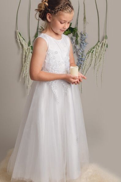 Floral Embroidery Flower Girl Dress with Bow - LUCKY - White