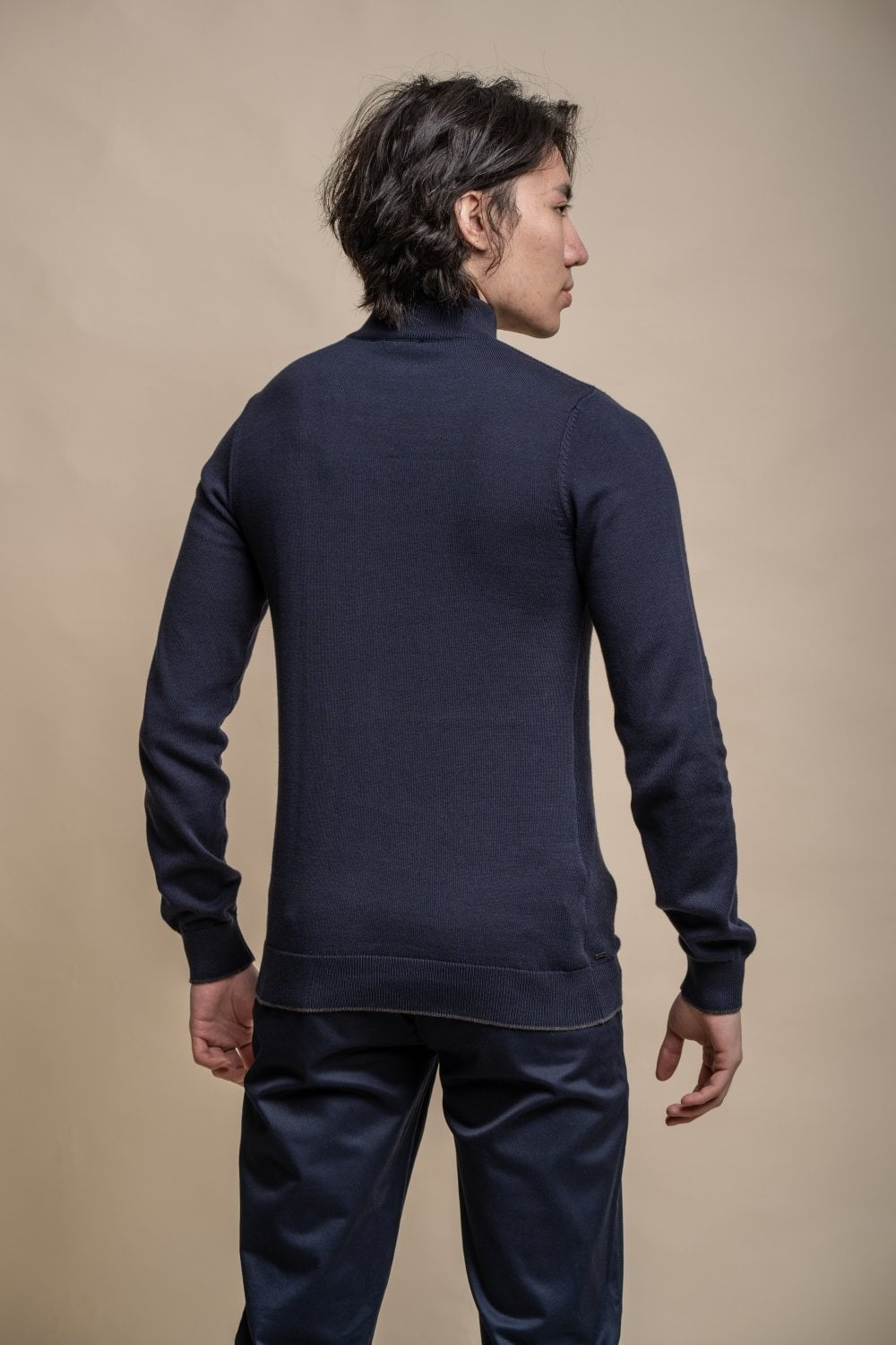 Men's Half Zip Knit Cotton Pullover - KYLE - Navy Blue