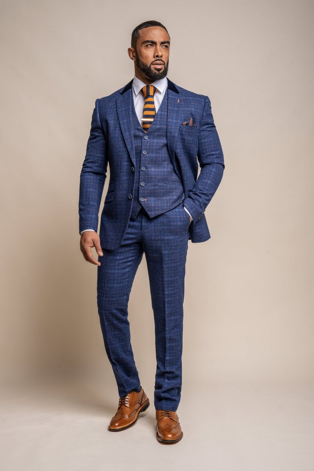 Men's Tweed Check Navy Slim Fit Suit - KAISER - Navy Blue