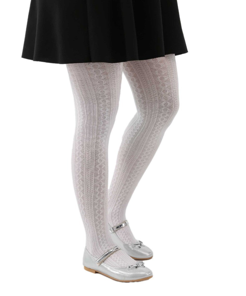 Girls High Waist Patterned Tights - White