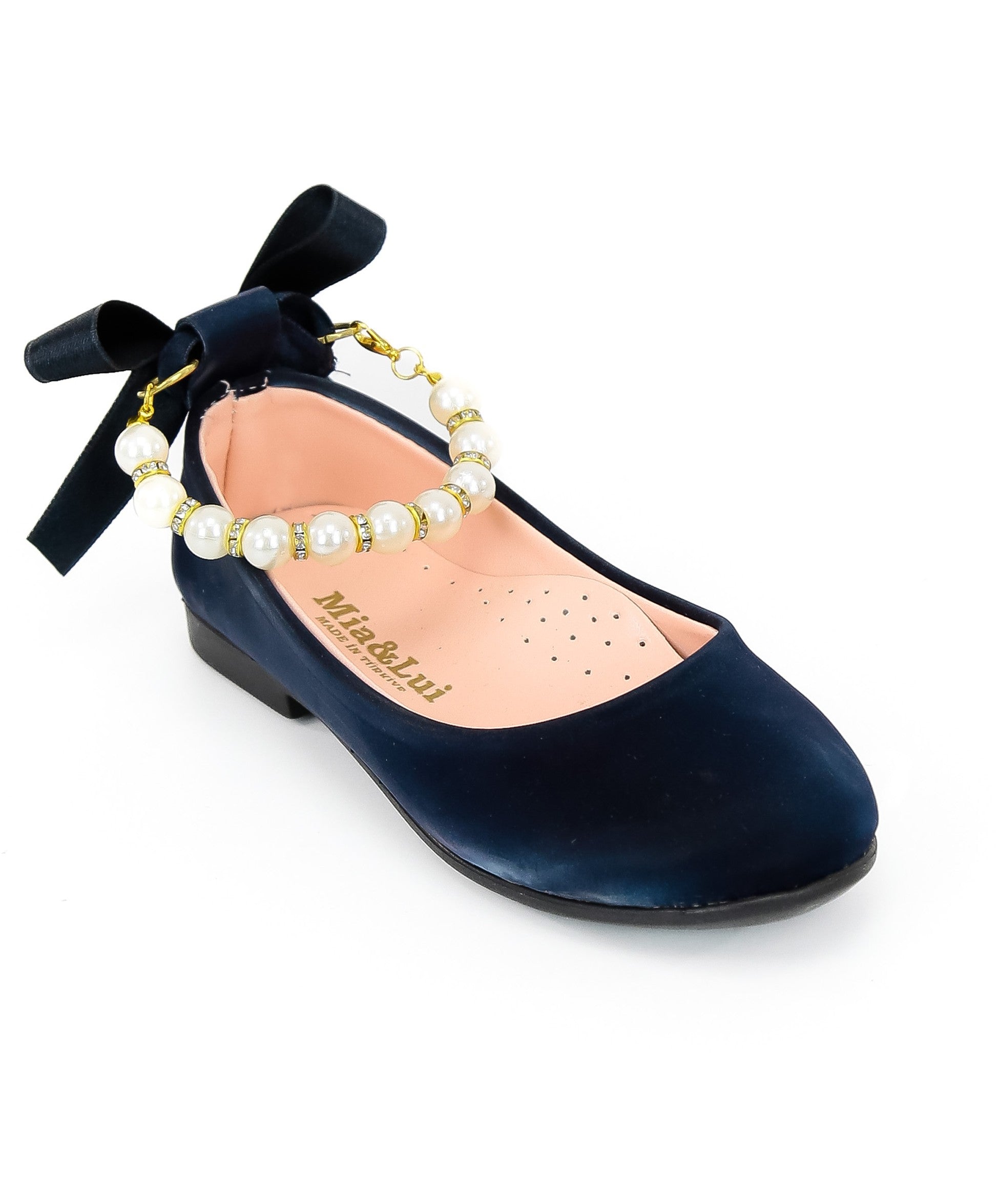 Girls Pearls Flat Mary Jane Shoes - ISABEL - Navy Blue