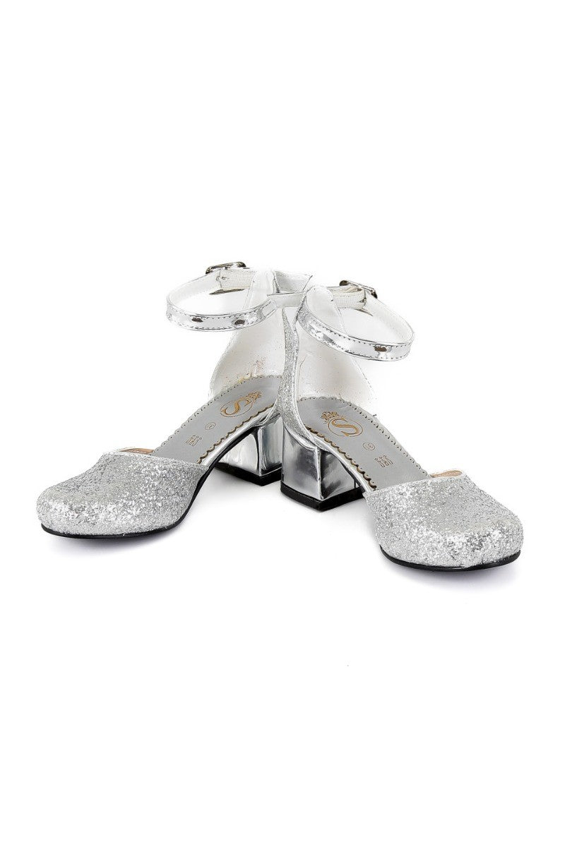 Girls Glittery Mary Janes Block Heel Silver Shoes - Silver