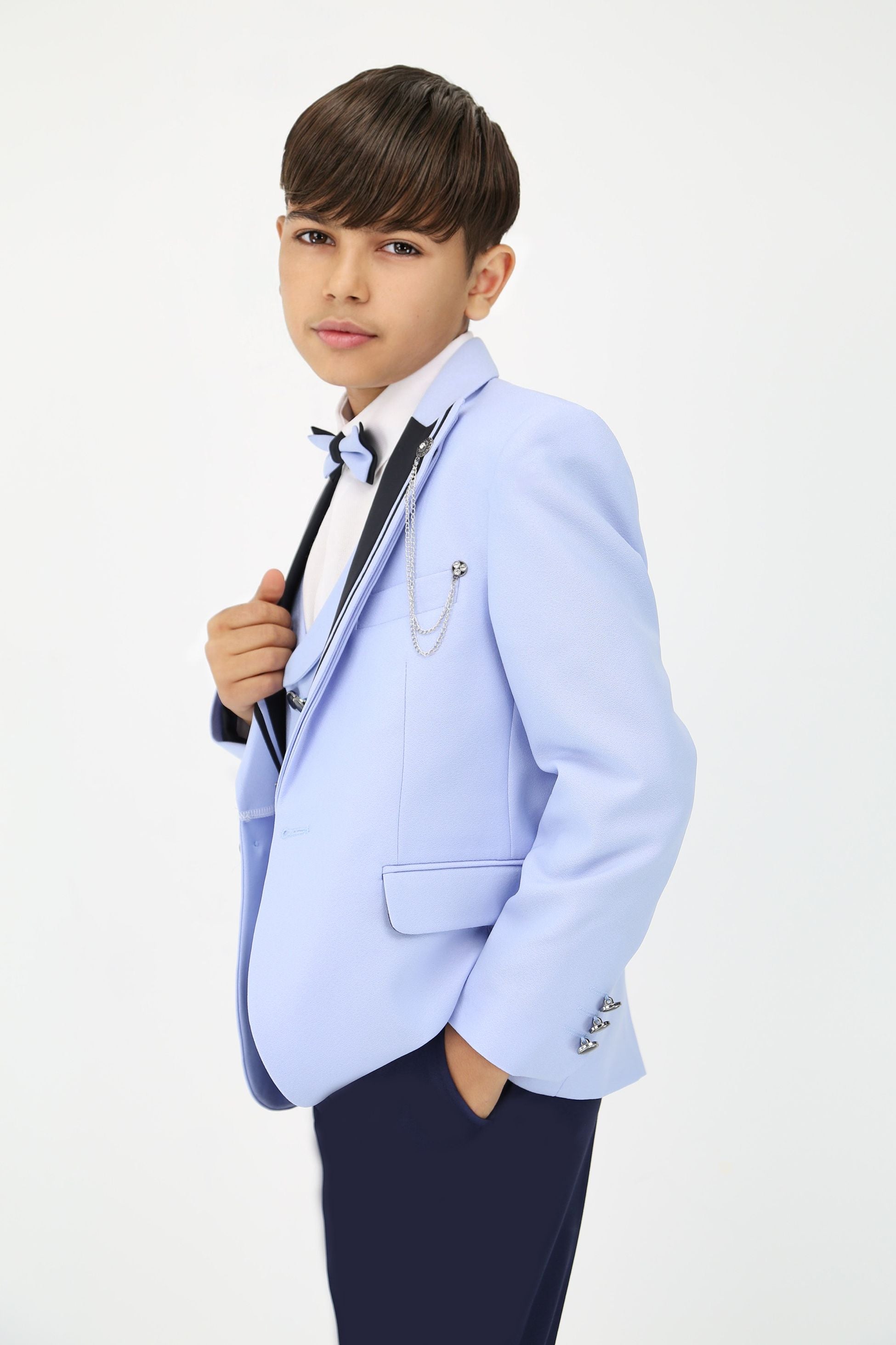 Boys Light Blue 6 PC Suit Set with Black Contrast Lapels - Blue