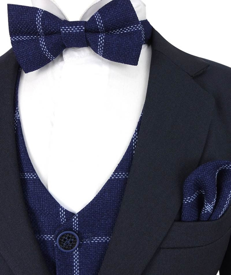 Boys Navy with Tweed Check Waistcoat Suit Set - Navy Blue