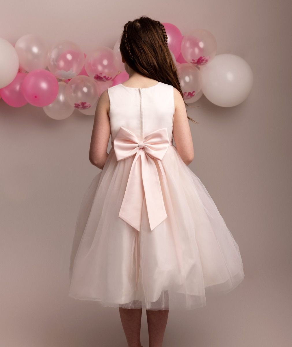 Girls Floral Embroidered Dress with Tulle Skirt - NYRA - Blush Pink