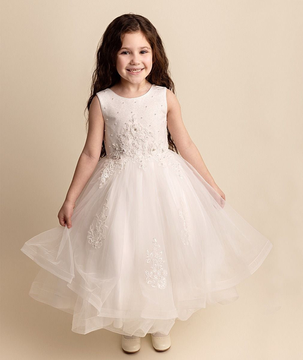 Girls Ivory Floral Embroidered Tulle Dress - RAQUEL - Ivory