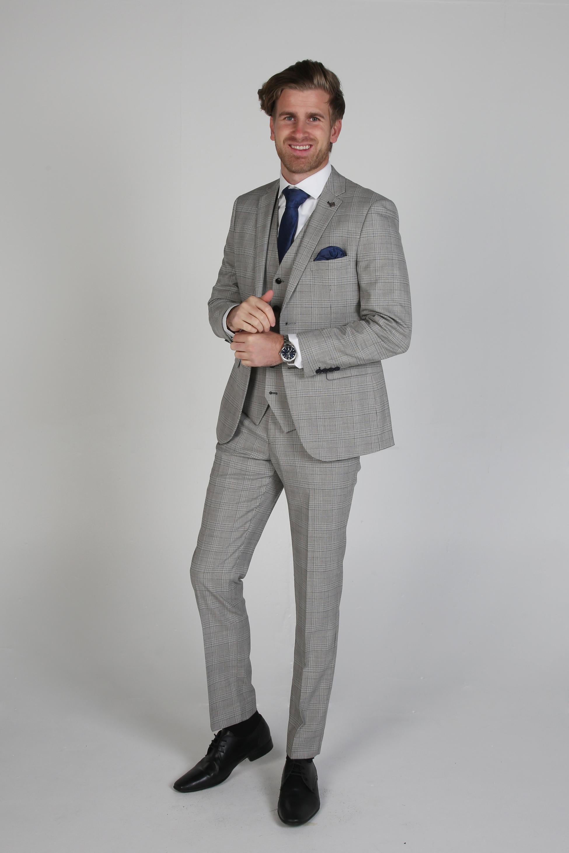 Men's Windowpane Tweed Check Formal Suit - HUGO - Grey