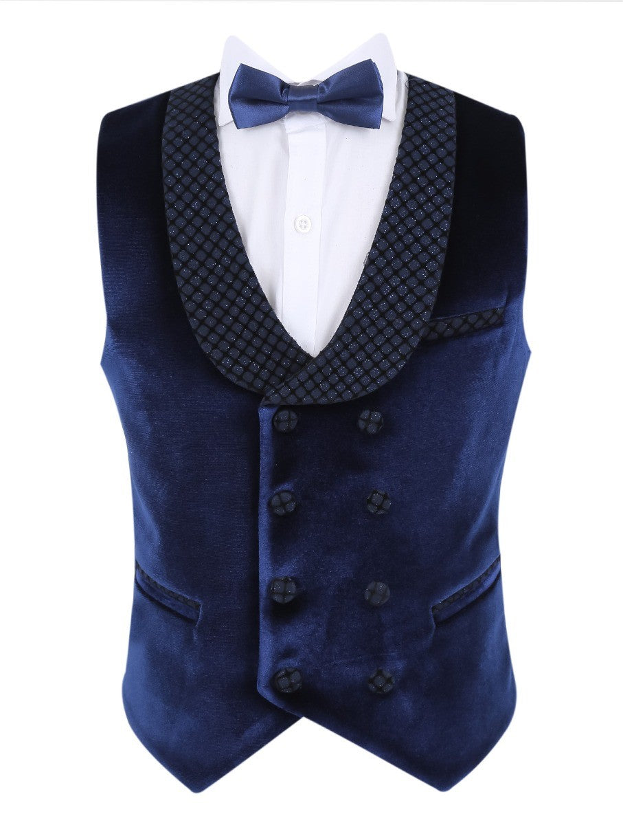 Boys Velvet Slim Fit Tuxedo Dinner Suit - Navy Blue