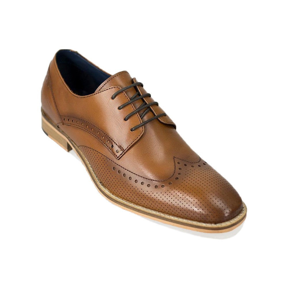 Men's Leather Lace Up Wingtip Brogue Shoes - ROME - Tan Brown