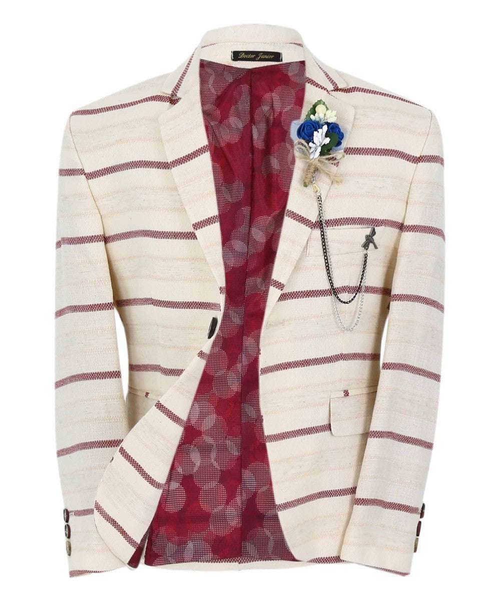 Boys Slim Fit Striped Blazer - Beige - Burgundy