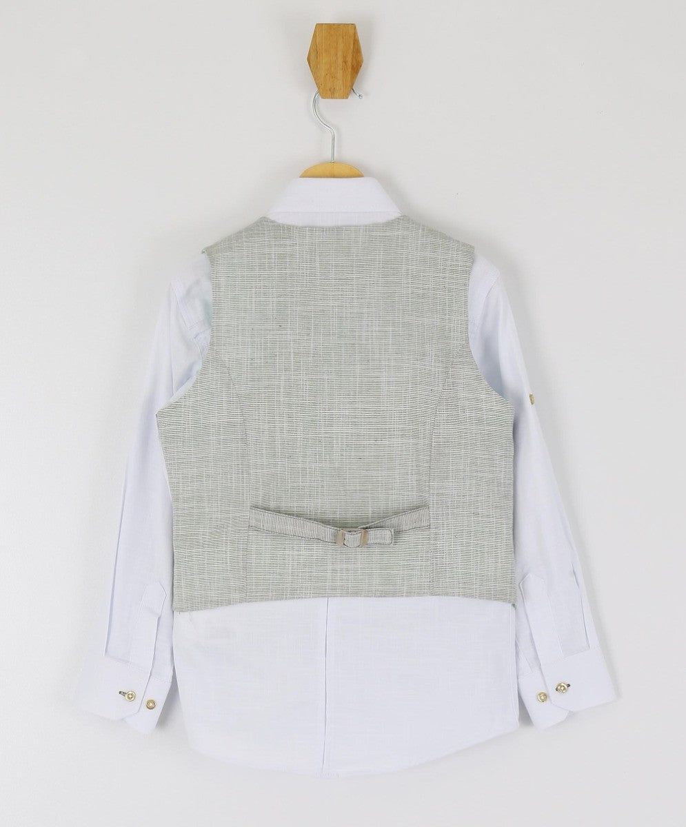 Boys Self Patterned Double-Breasted Linen Waistcoat Suit Set - Light Khaki