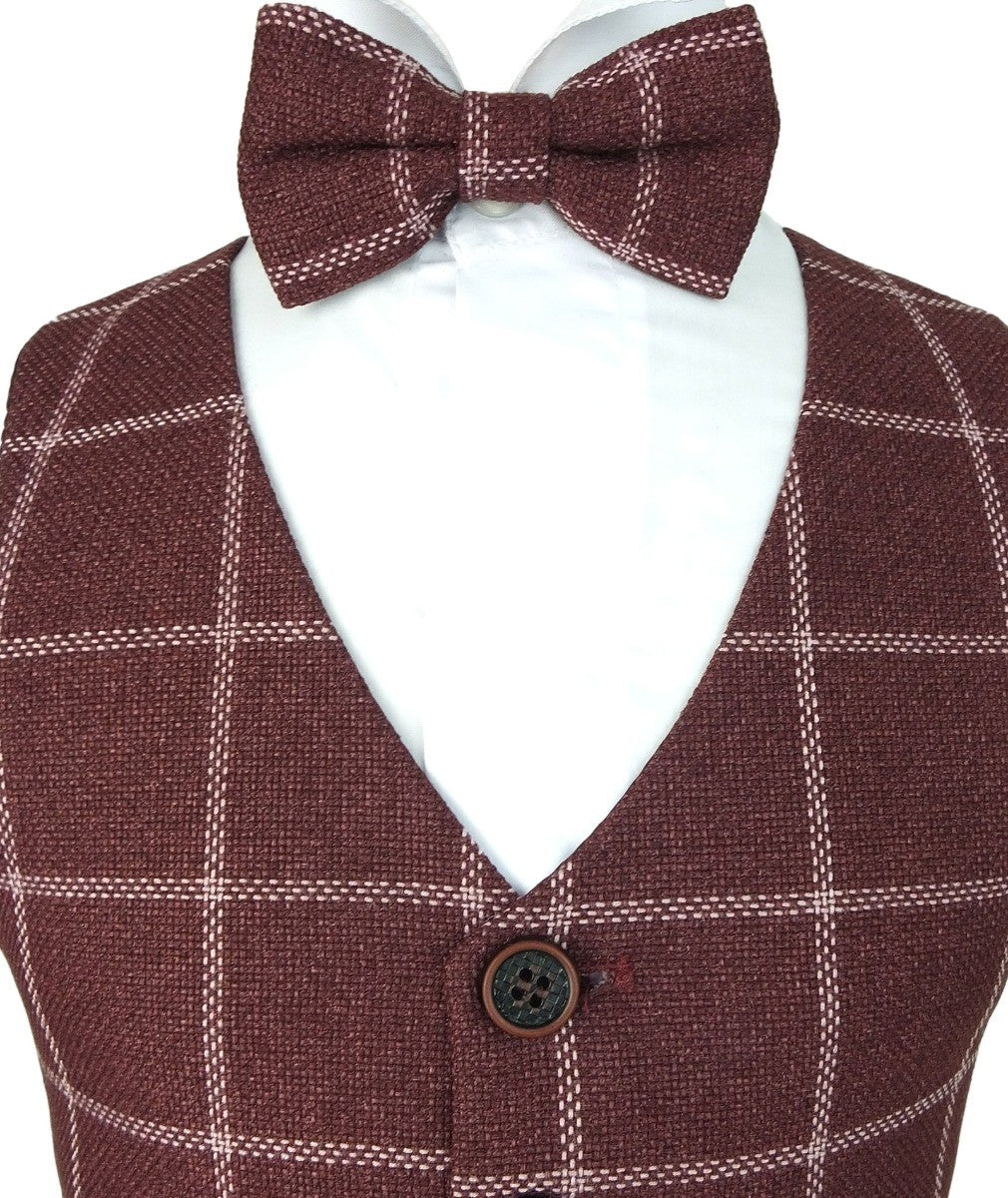 Boys Plaid Check Waistcoat Set - Maroon