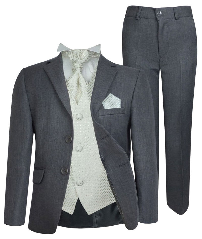 Boys Formal Suit with Patterned Waistcoat and Cravat Set - Grey and Ivory