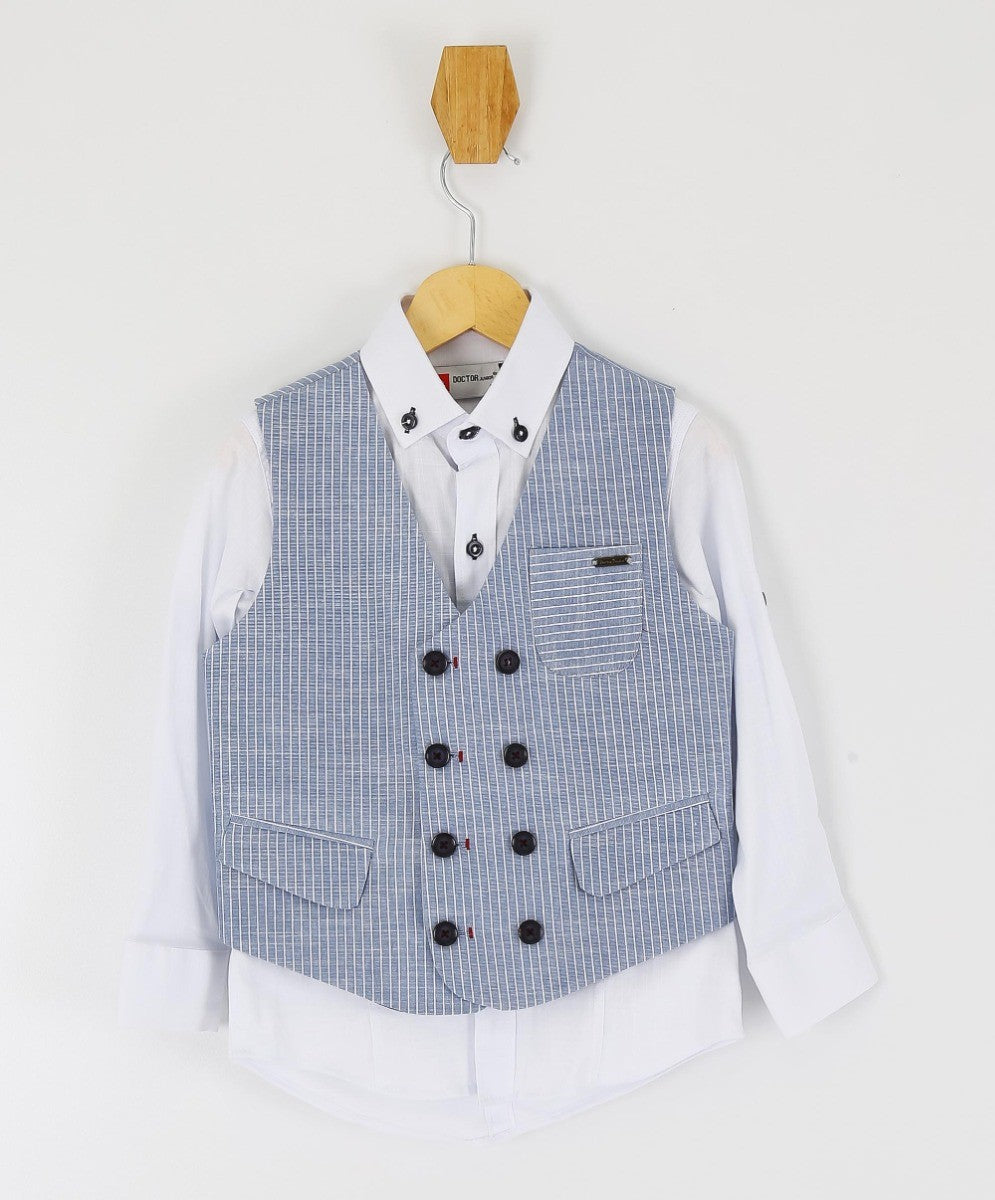 Boys Cotton Linen Pinstrip Waistcoat Suit Set - Navy Blue