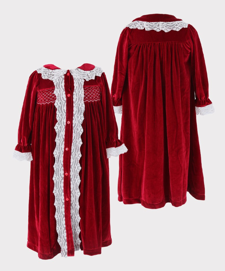 Girls Smocked Velvet Sleeping Gown 2 Pieces Set - Wine Red