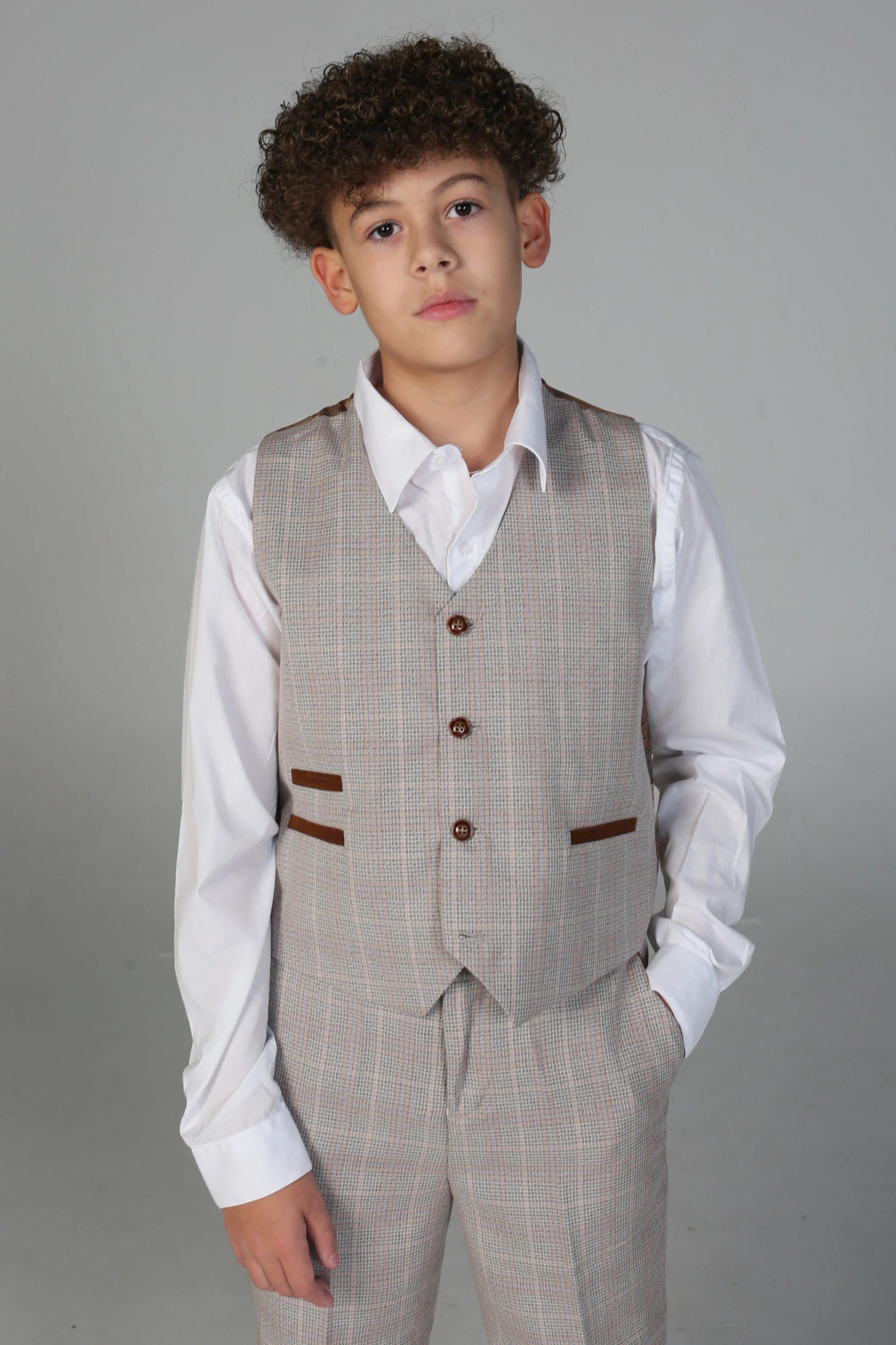 Boys’ Tailored Fit Tweed Check Suit – LEO - Beige