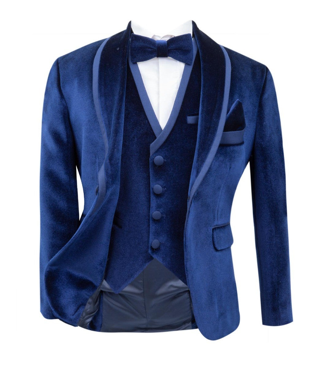 Boys Sheen Lapel Velvet Tuxedo Suit - Navy Blue