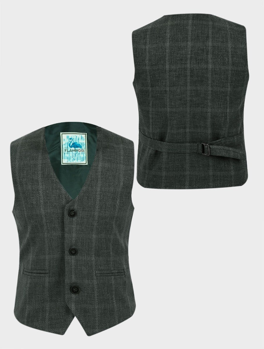 Boys Tweed Windowpane Check Cotton Waistcoat - Green