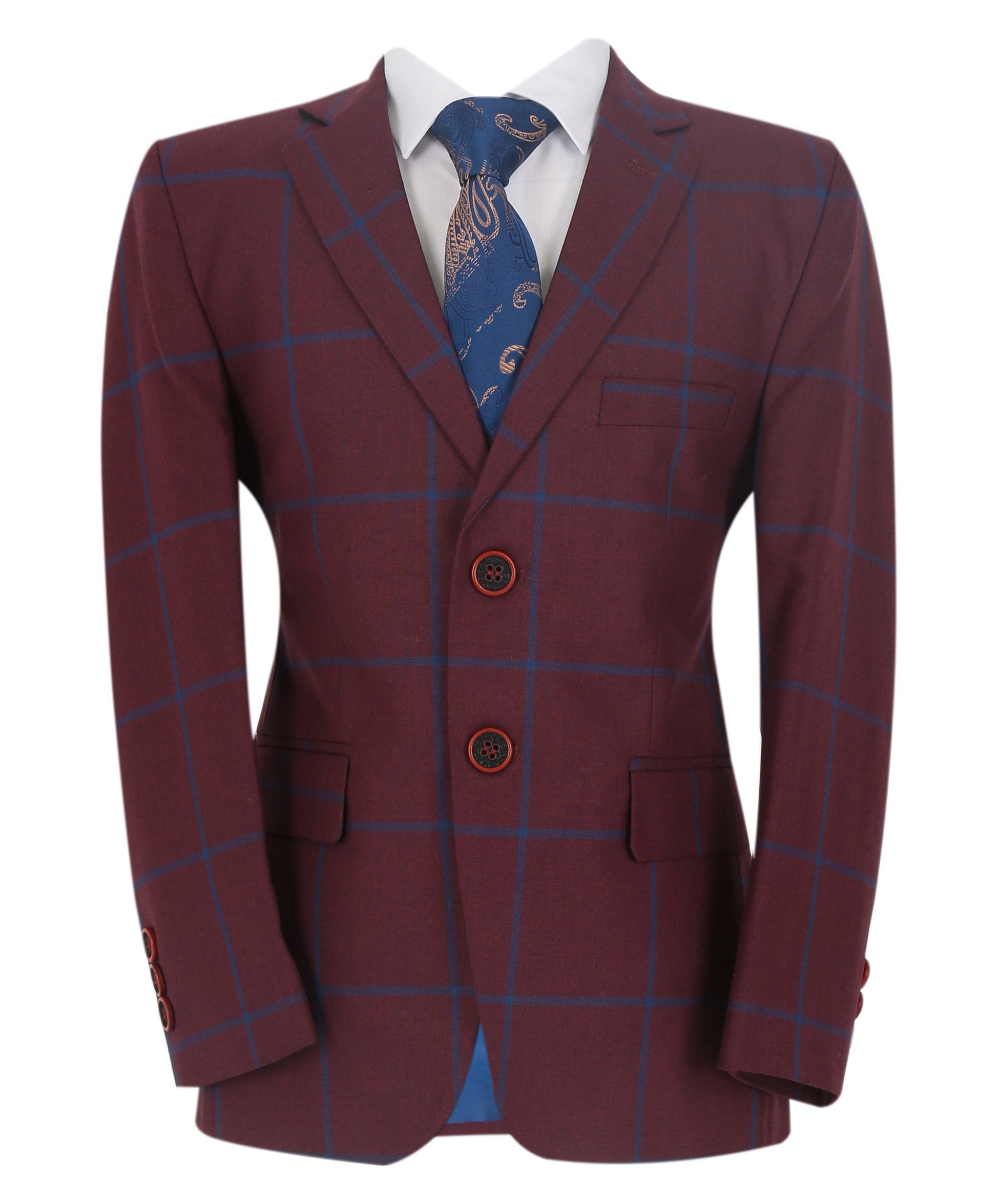 Boys Tailored Fit Windowpane Check Suit - DOMINIC - Burgundy - Blue