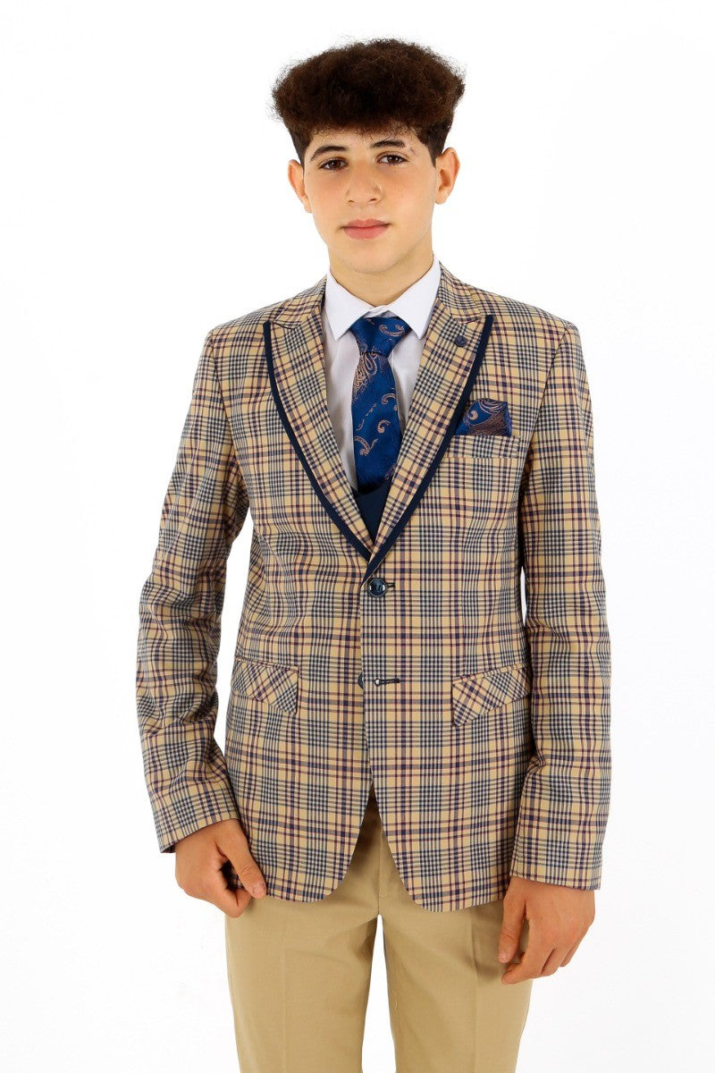 Boys Plaid Check Slim Fit Suit - Beige - Navy Blue