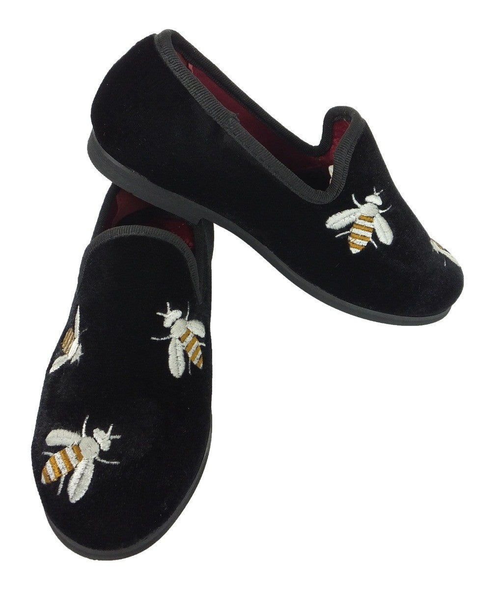 Boys Velvet Bee Embroidered Slip On Loafers - Black