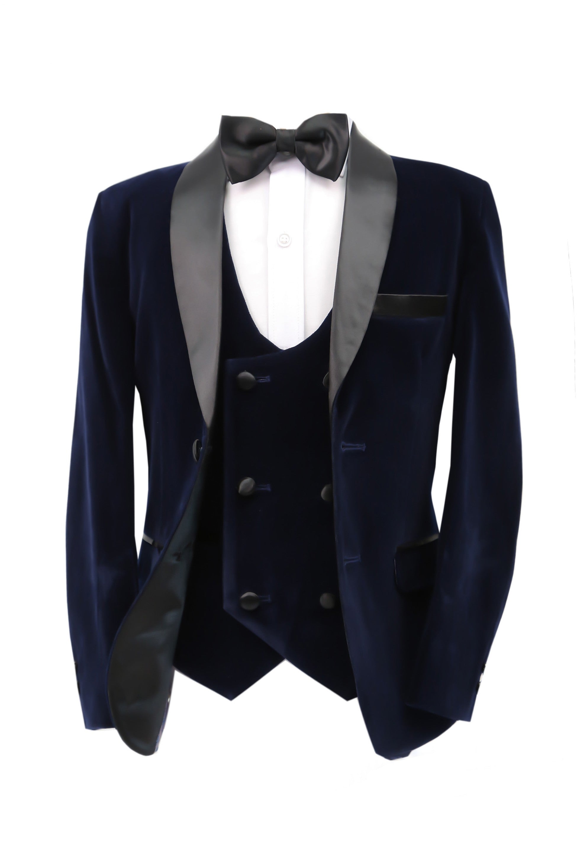 Boys Velvet Tuxedo Suit with Double-breasted Vest - Navy Blue