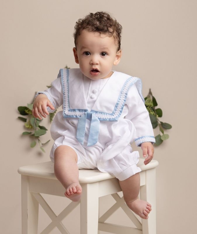 Baby Boys White Christening Romper with Hat - William - White