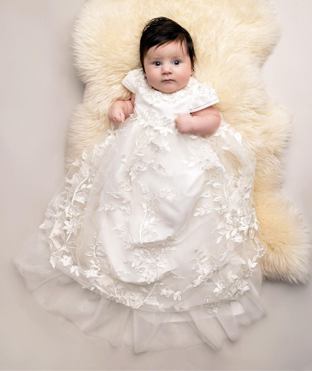 Baby Girls Floral Lace Off White Christening Gown - KRYSTAL - Off white