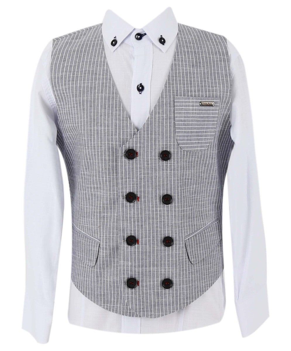 Boys Cotton Linen Pinstrip Waistcoat Suit Set - Grey