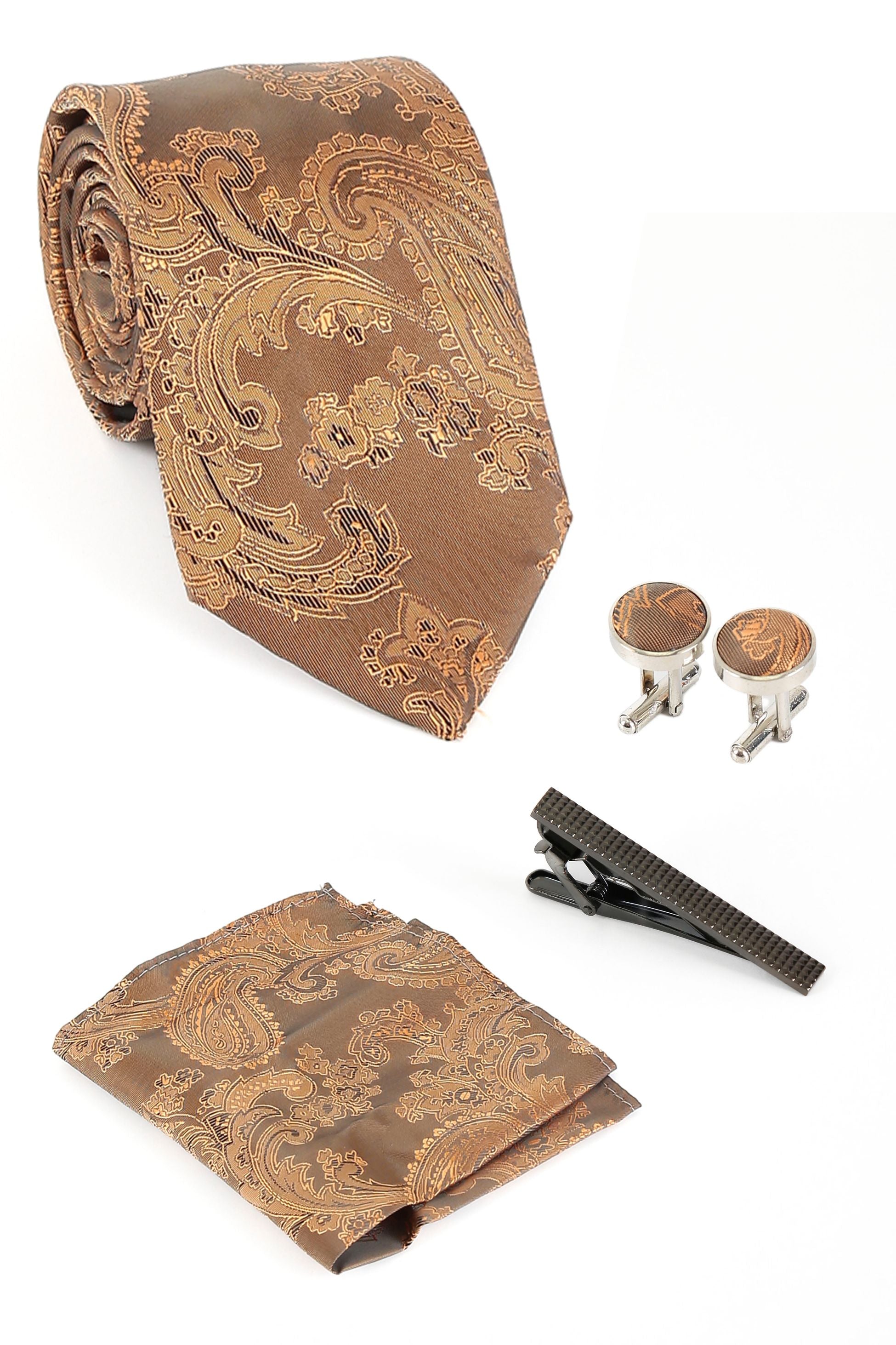 Men's Paisley Tie Cufflink Set - Brown Gold