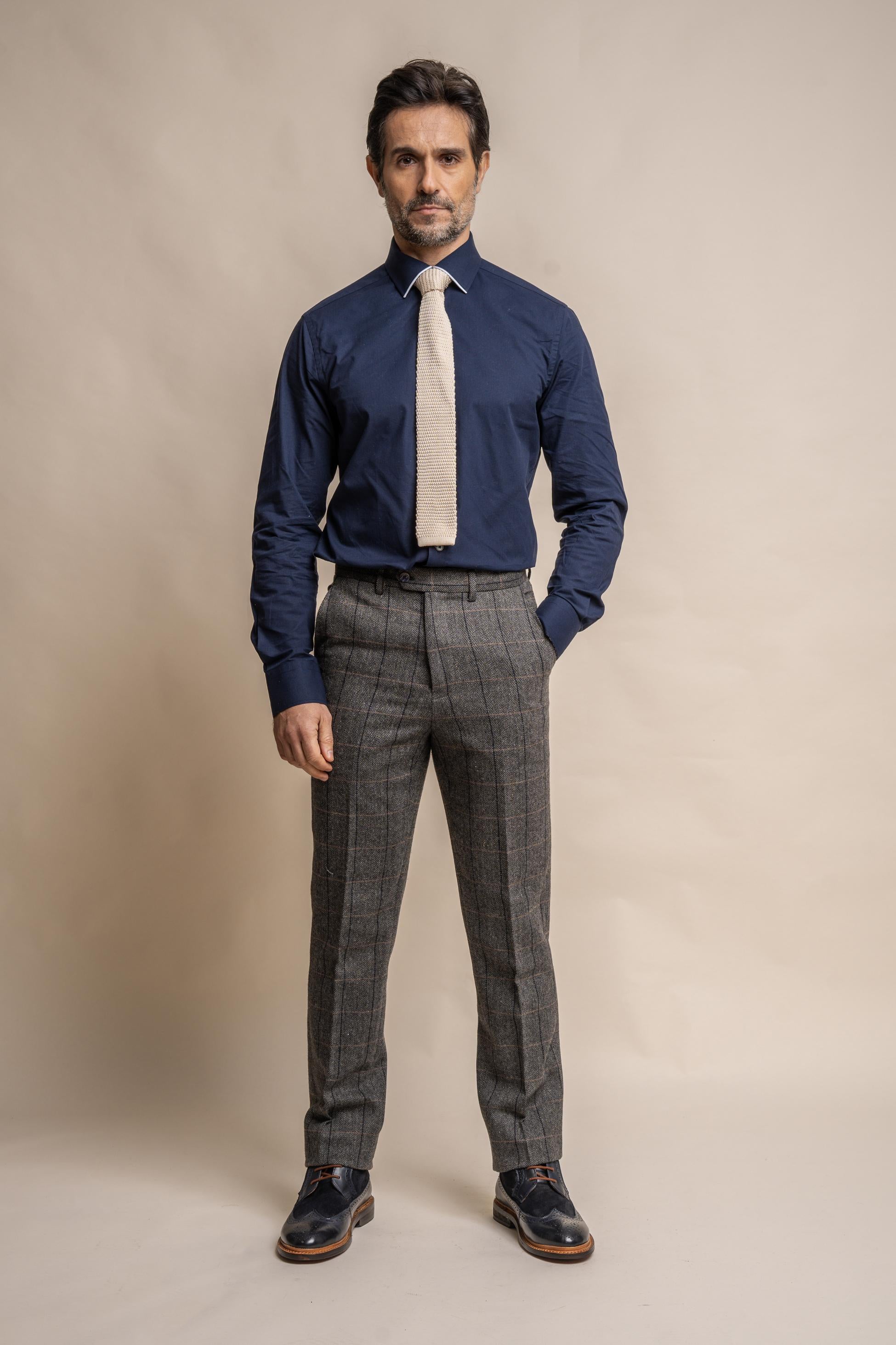 Men's Wool Blend Herringbone Check Trousers - Albert - Grey