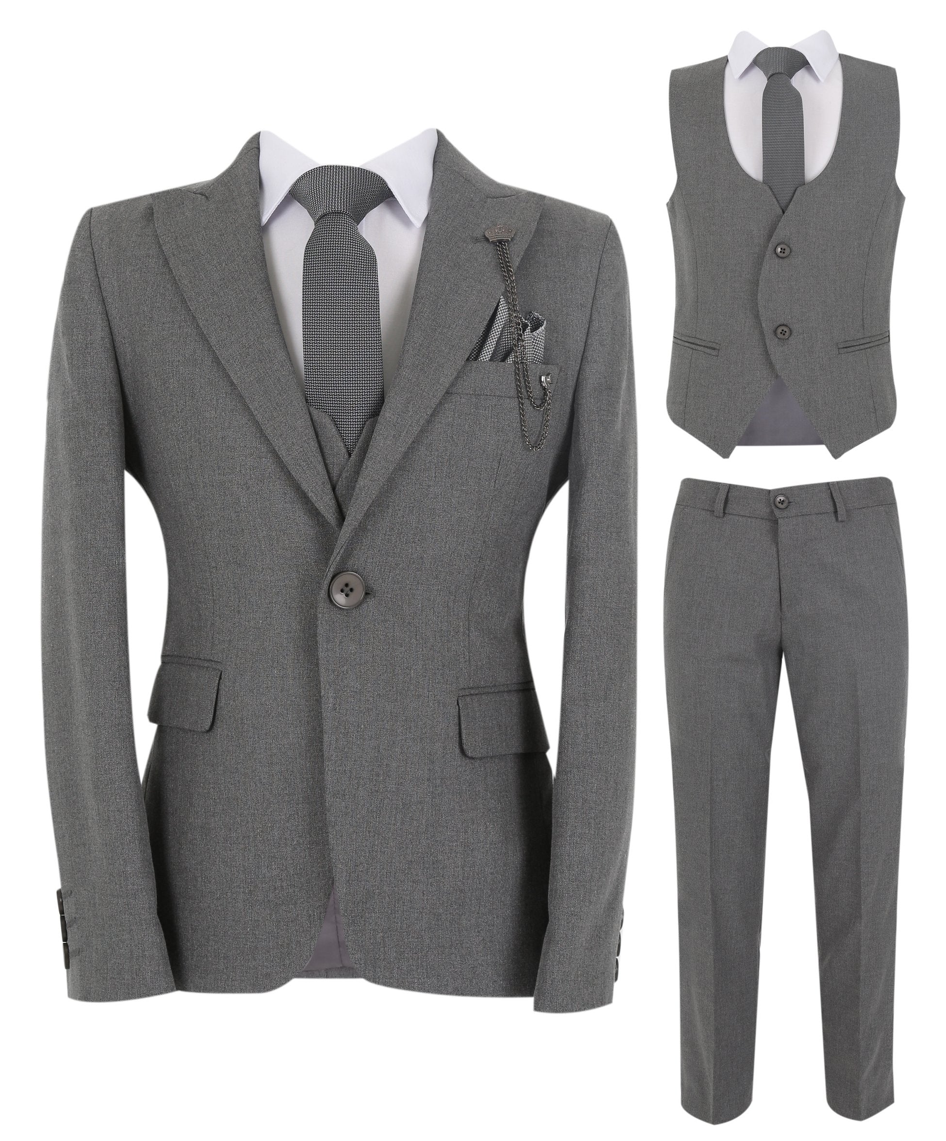 Boys Slim Fit Herringbone 8 Piece Suit Set - KING - Grey