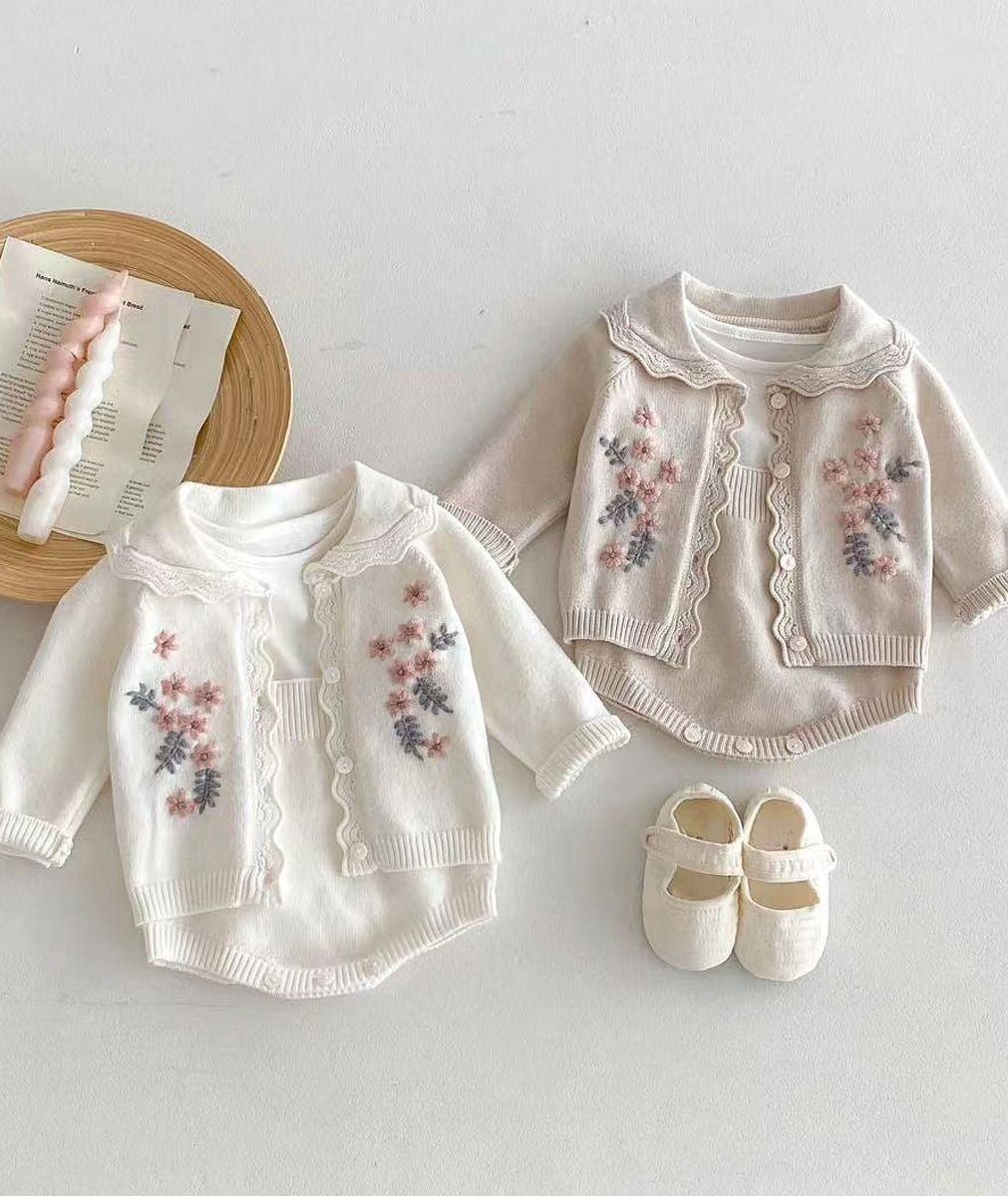 Baby Girls’ Knit Suspender Romper & Embroidered Cardigan Set - 2421 - Ivory