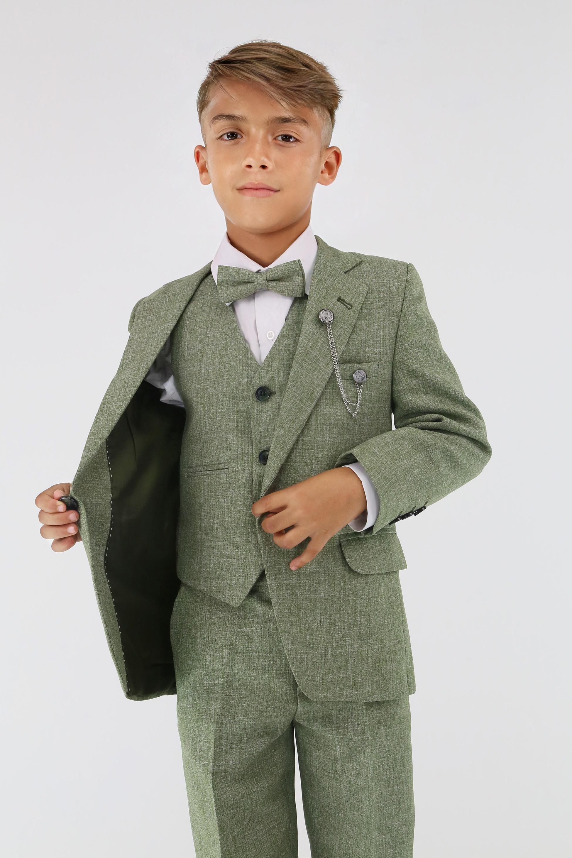 Boys Slim Fit Textured 8-Piece Formal Suit Set - Khaki Green