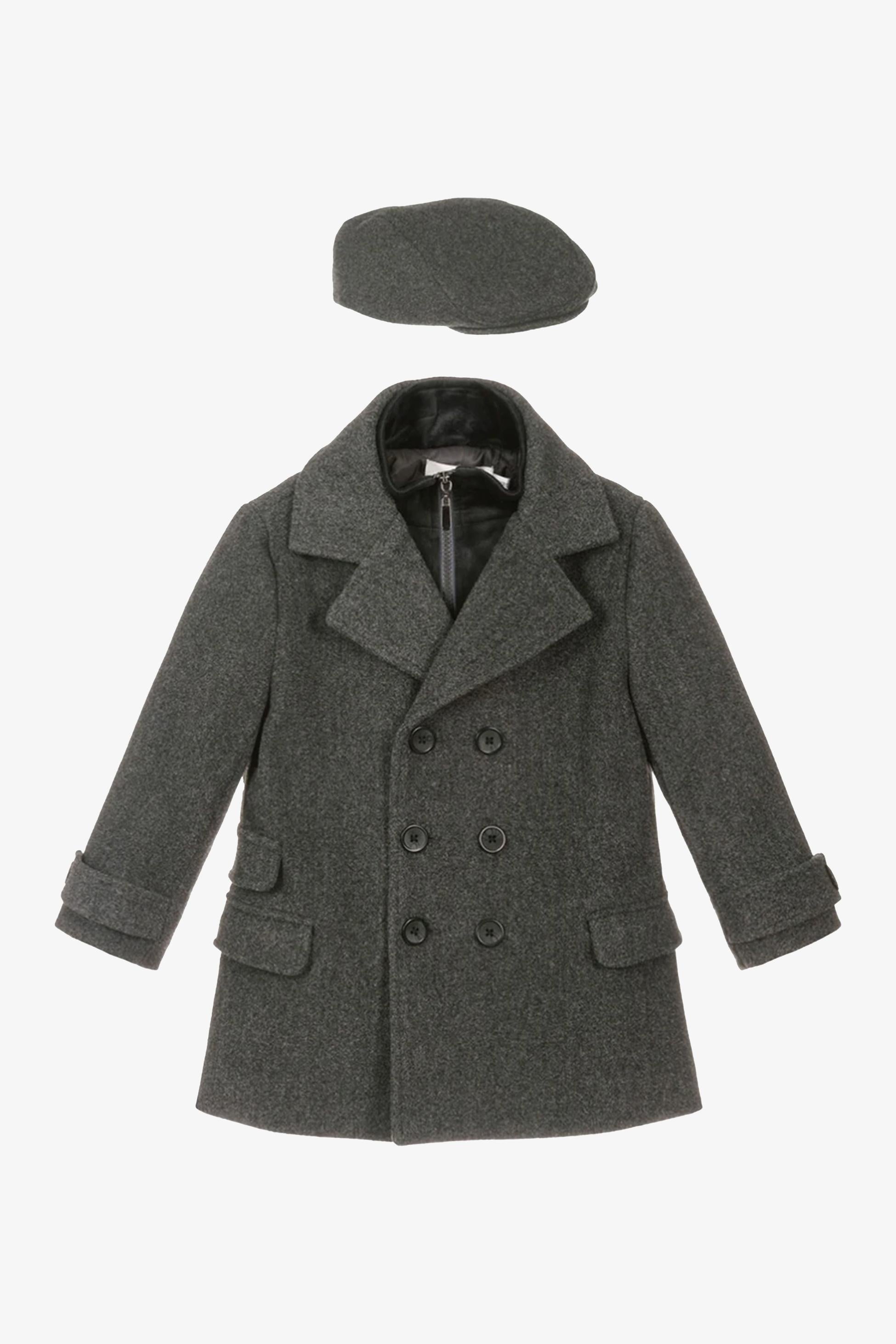 Boys Tweed Double Breasted Midi Geke Coat - Grey