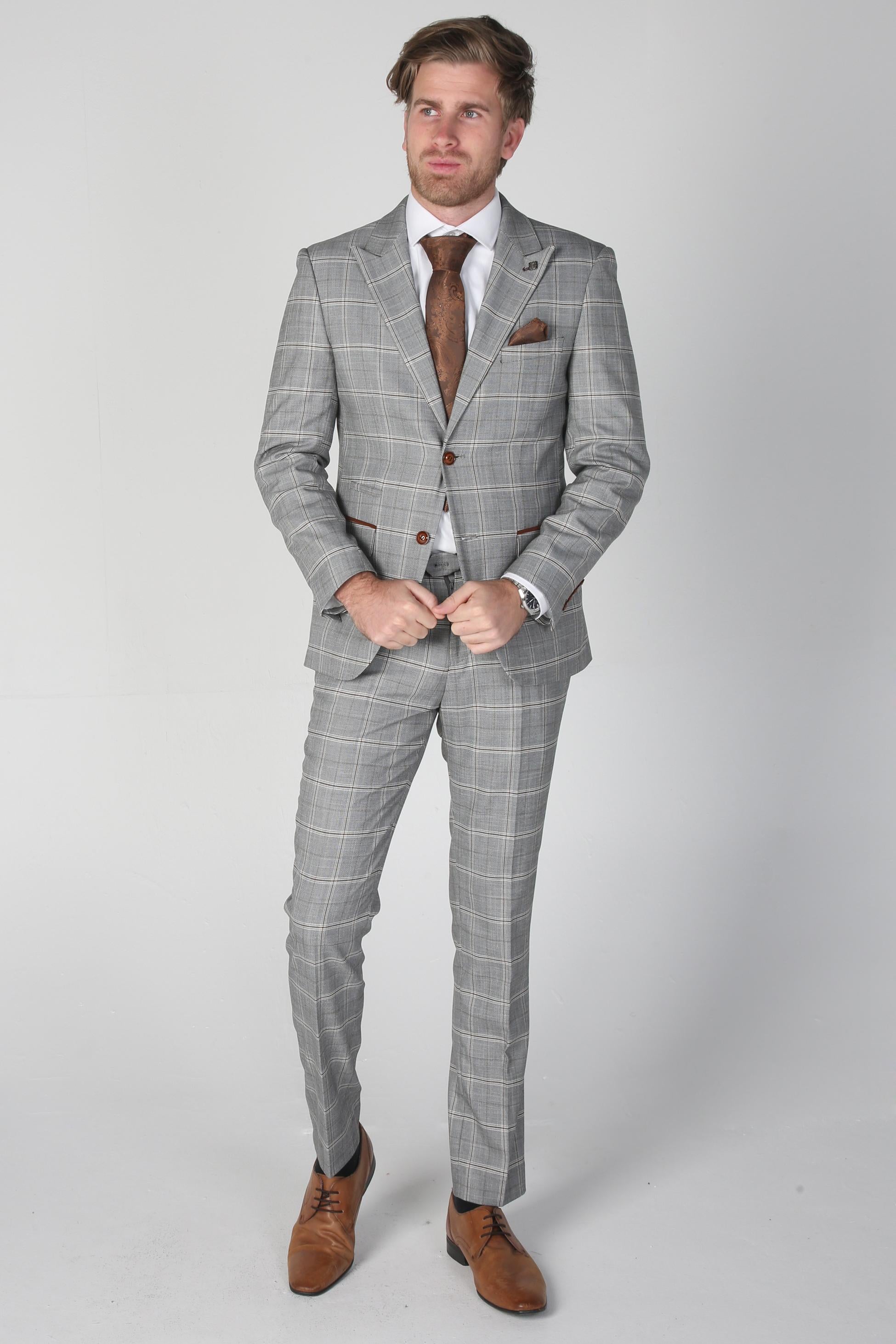 Men's Windowpane Check Grey Trousers - FRANCIS - Grey