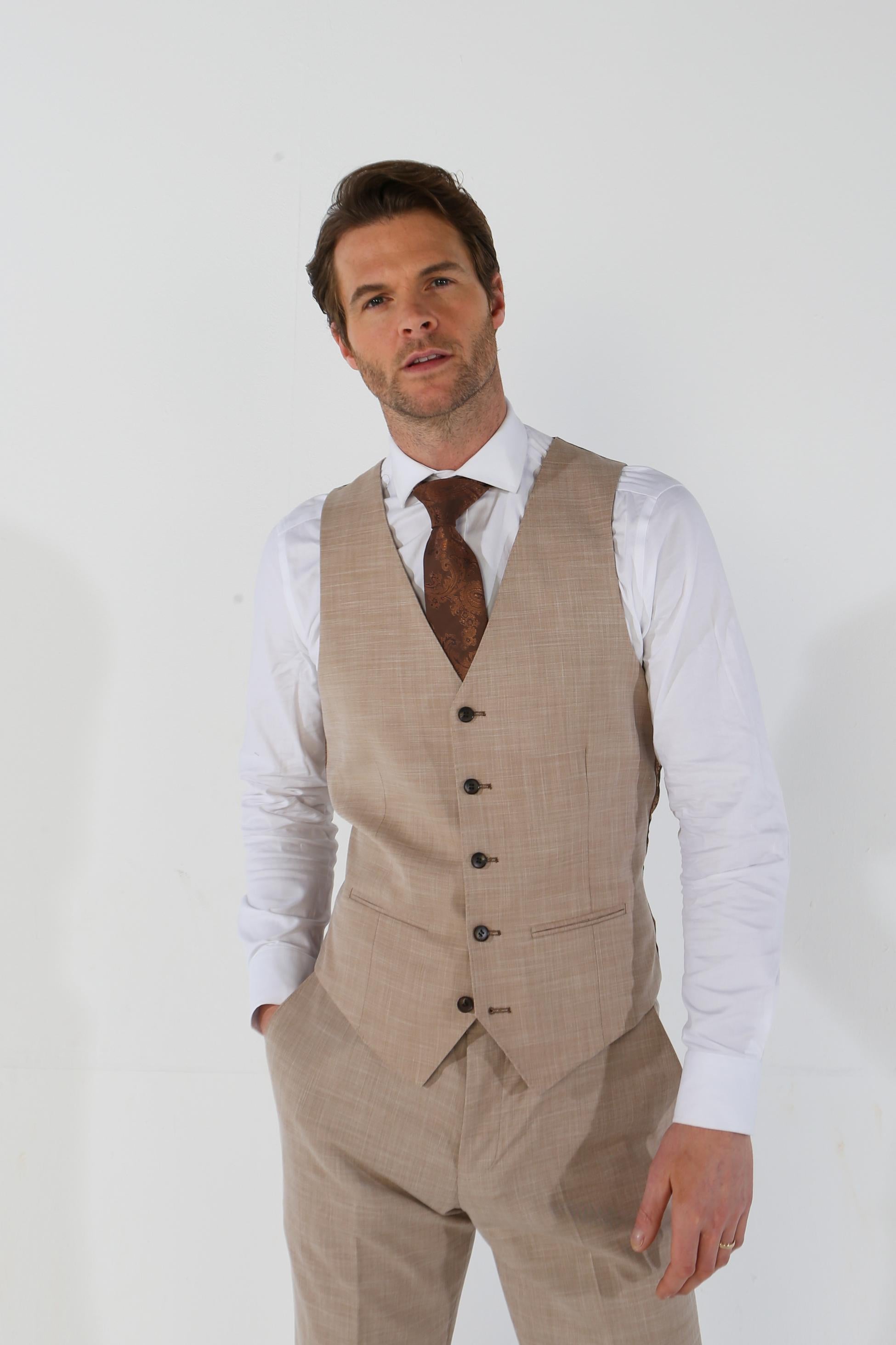 Men's Tailored Fit Plaid Waistcoat - KURT - Beige