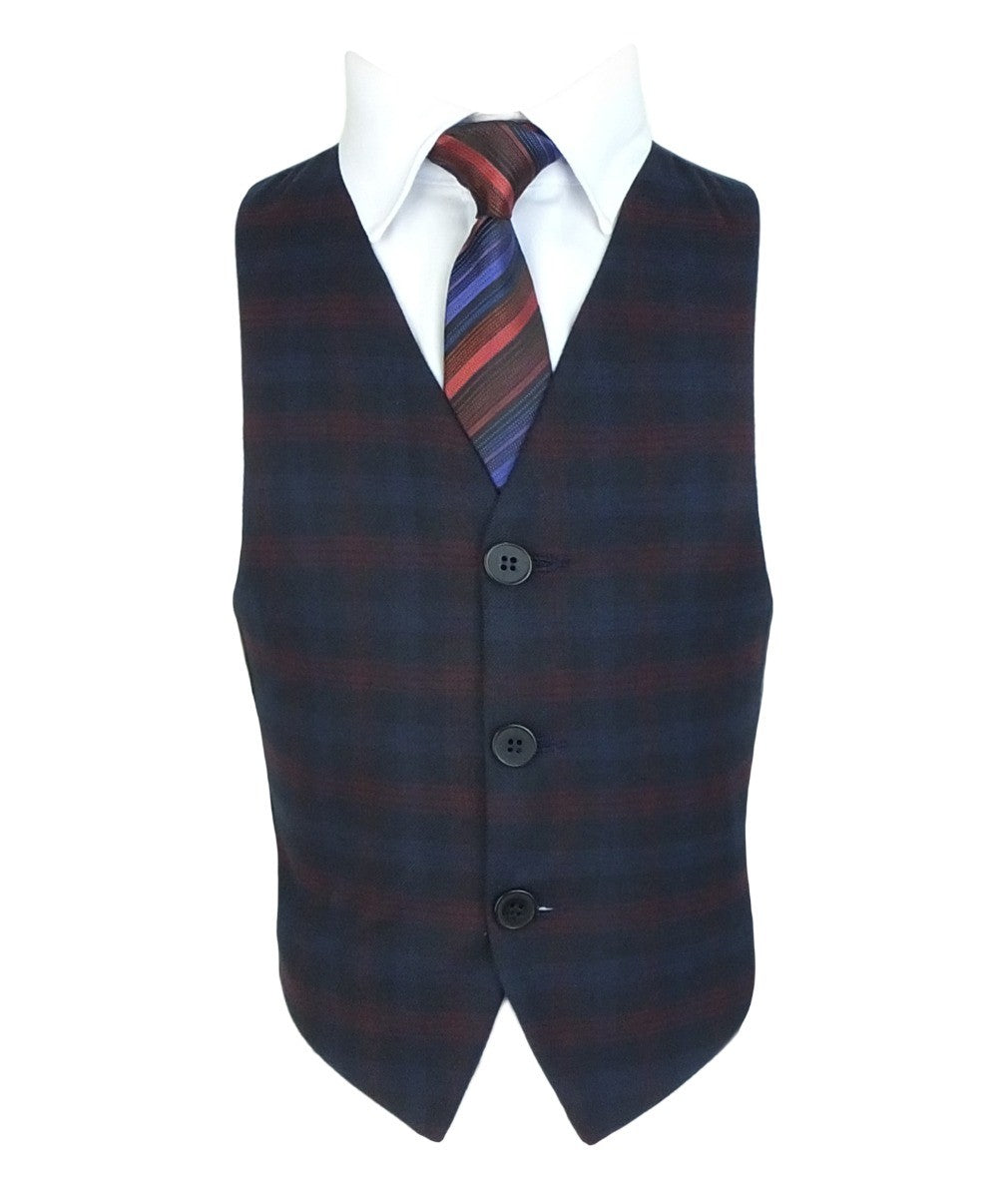 Boys Tailored Fit Retro Check Navy Suit - Navy Blue - Red