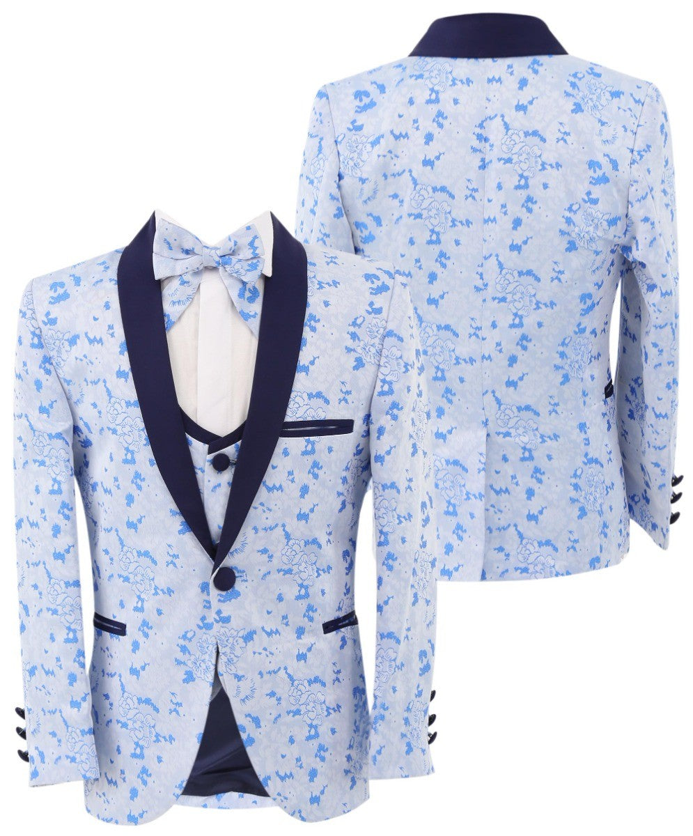 Boys Slim Fit Floral Blue Tuxedo Suit Set - Blue