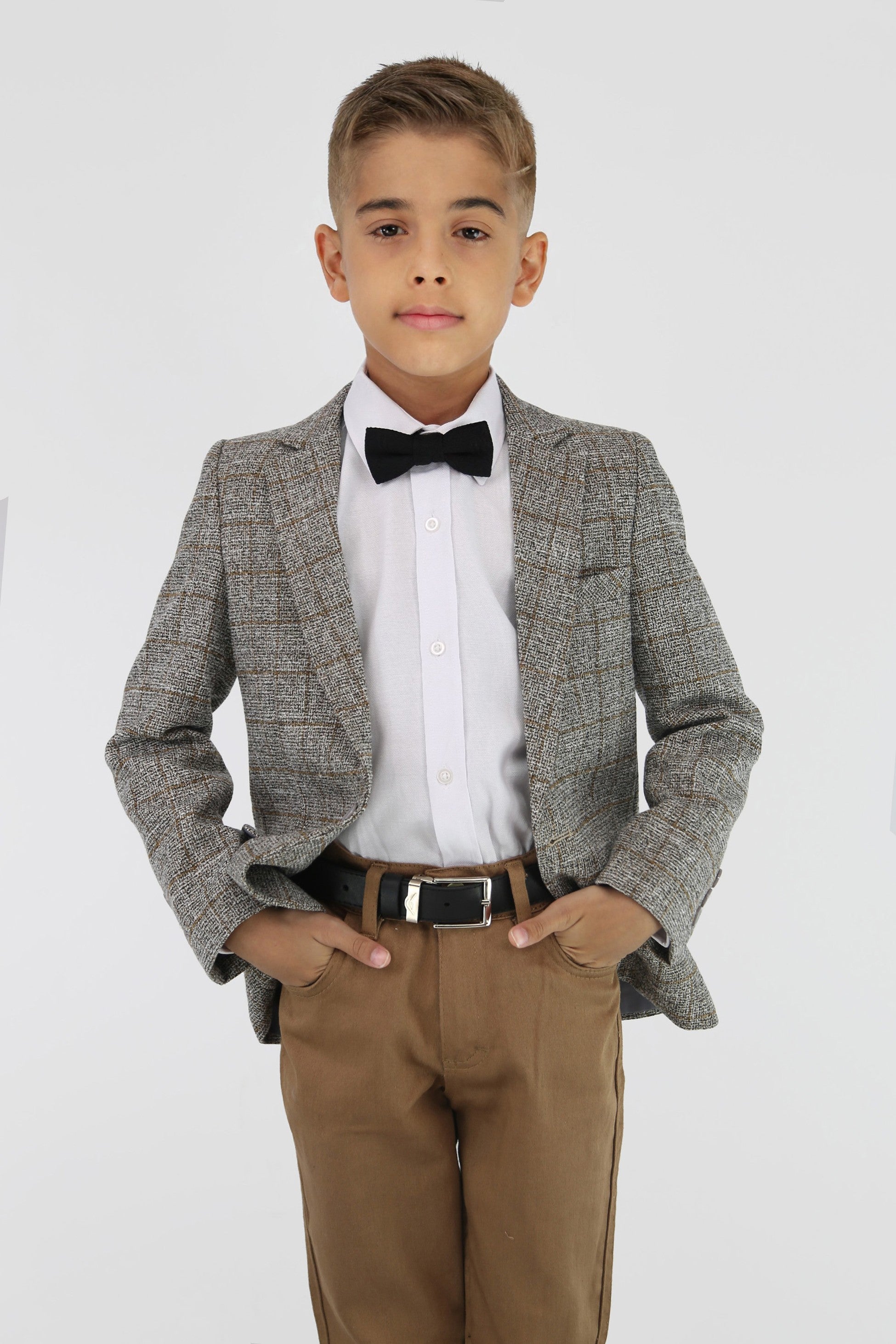 Boys Cotton Blend Tweed Like Check Blazer - Beige