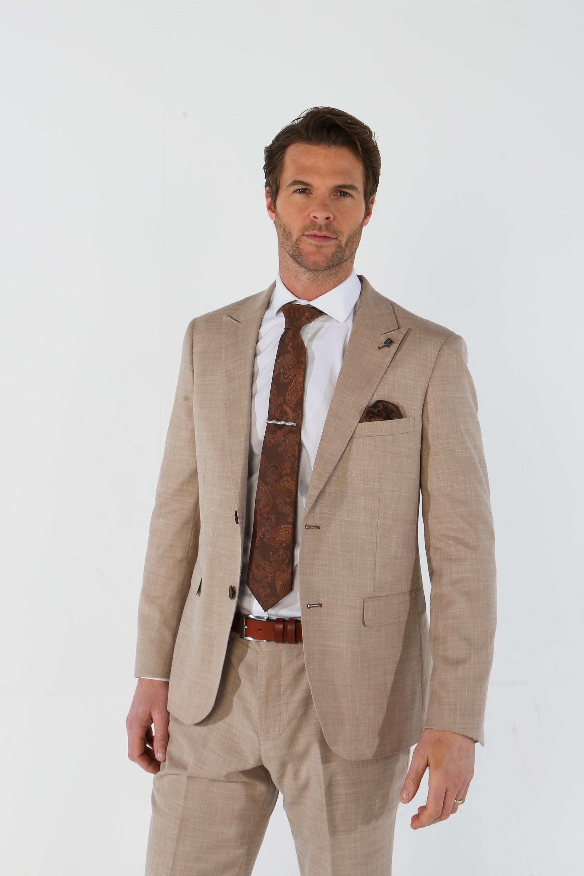 Men's Tailored Fit Plaid Suit Jacket - KURT - Beige