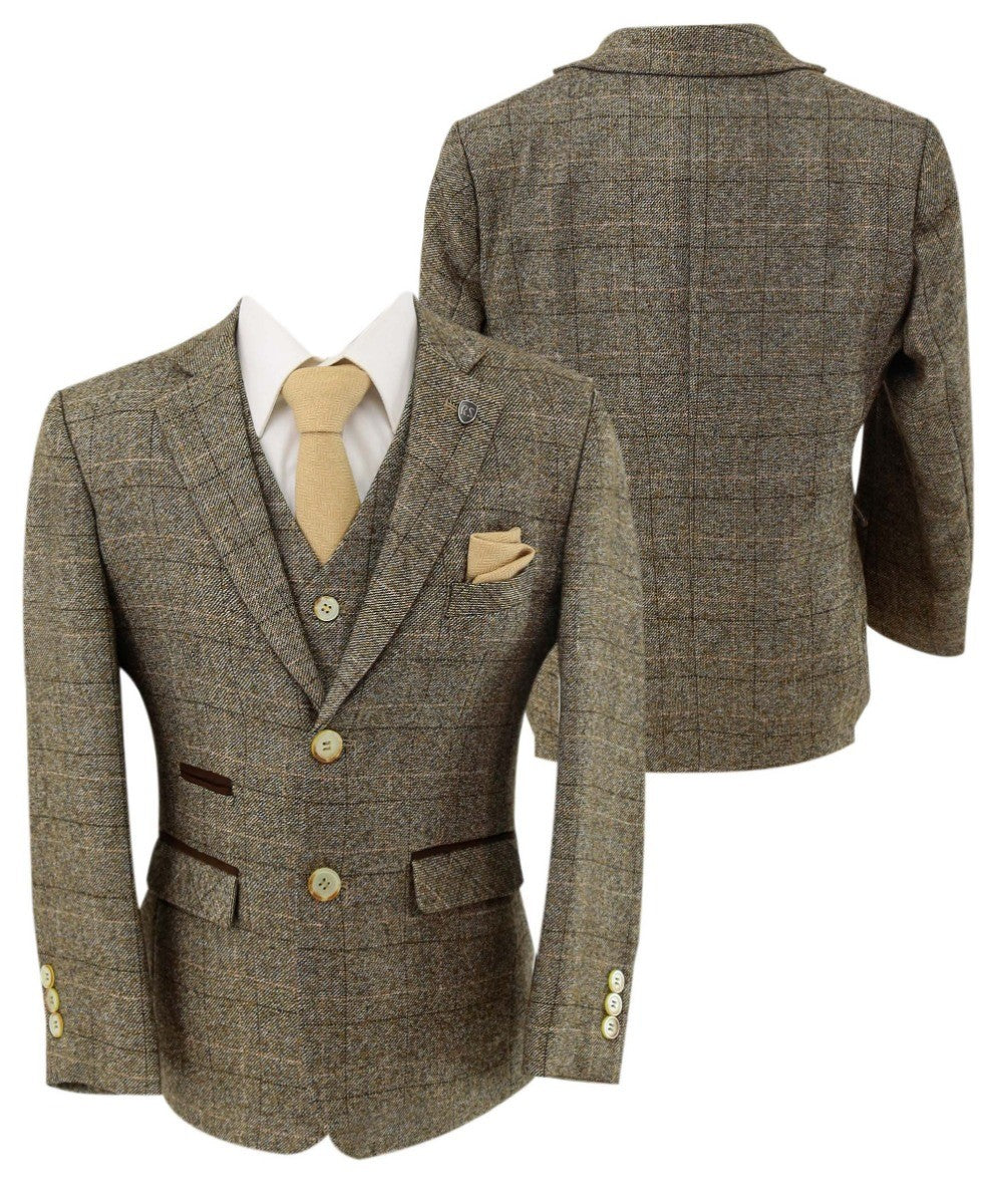 Boys Tweed Check Tailored Fit Beige Suit - LIAM - Beige