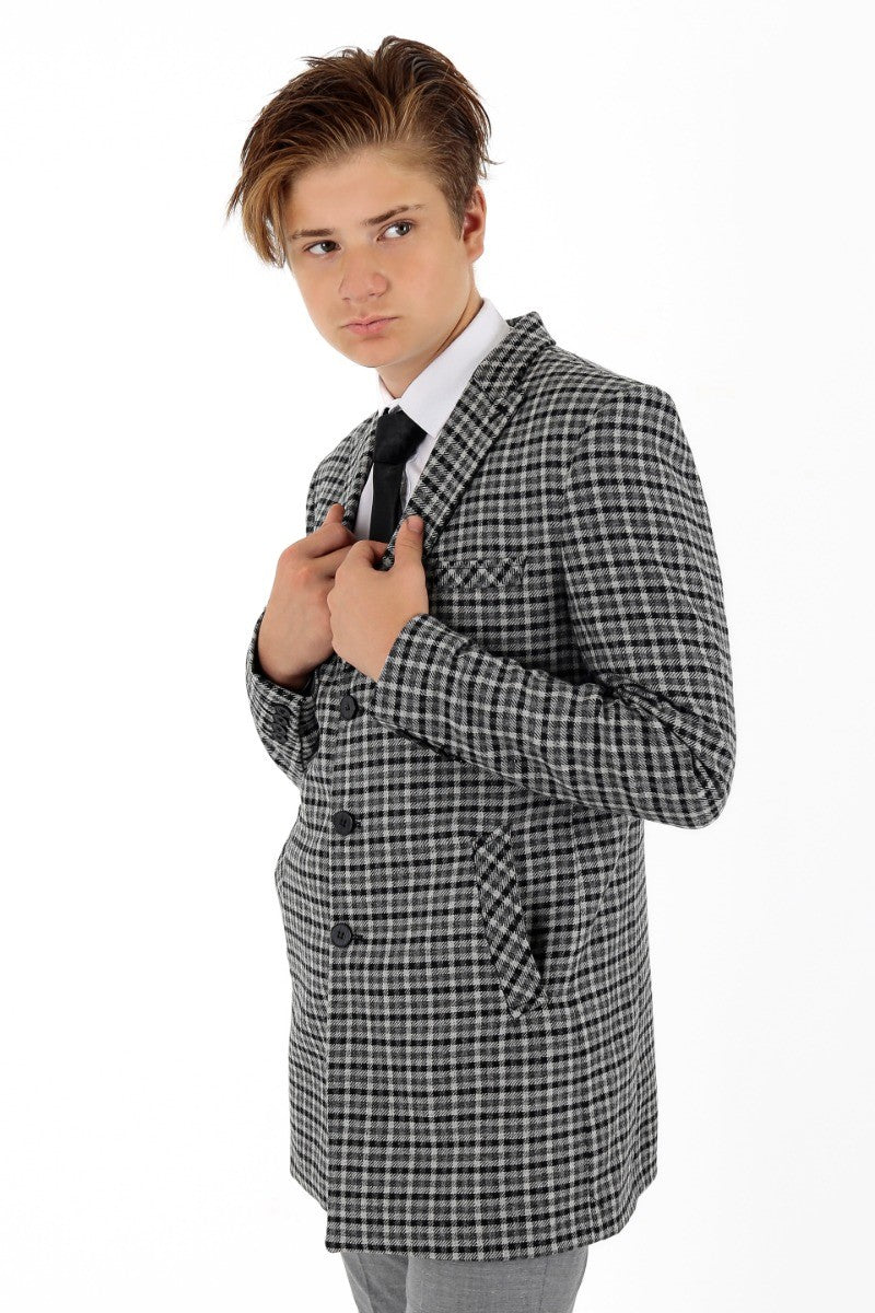 Boys Wool Birdseye Tweed Slim Fit Midi Coat - Light Grey