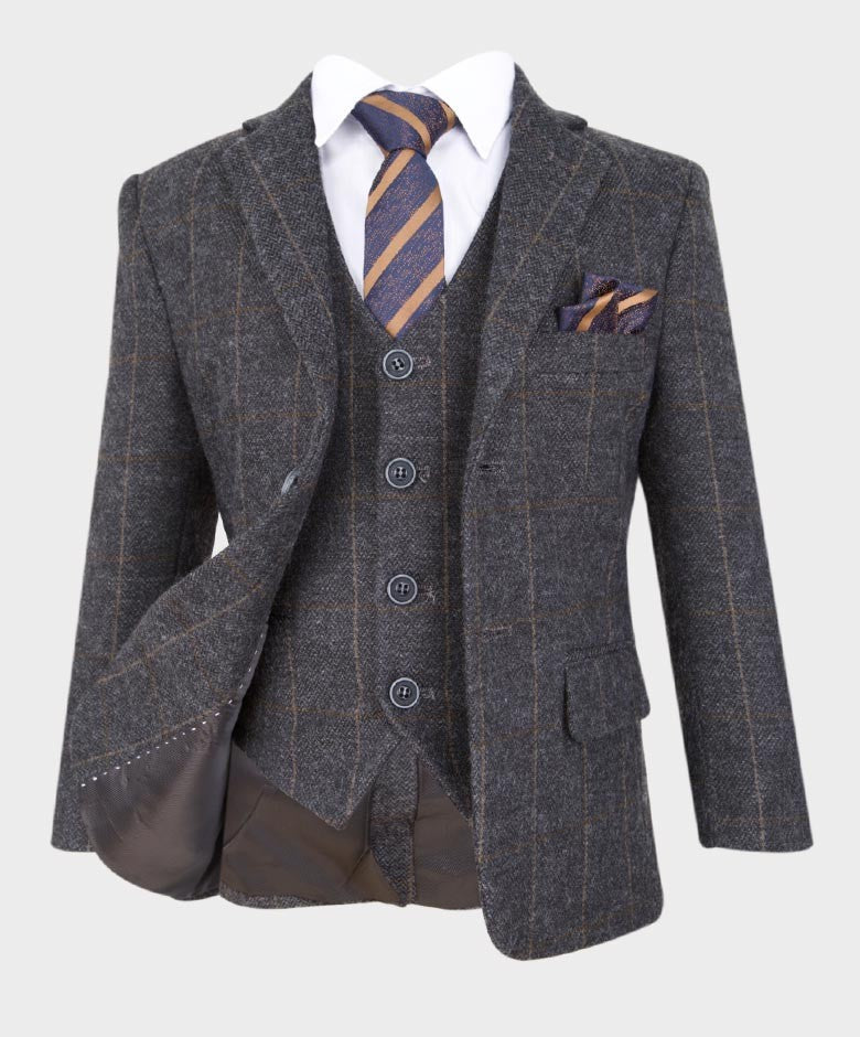 Boys Tailored Fit Windowpane Check Suit - Dark Grey