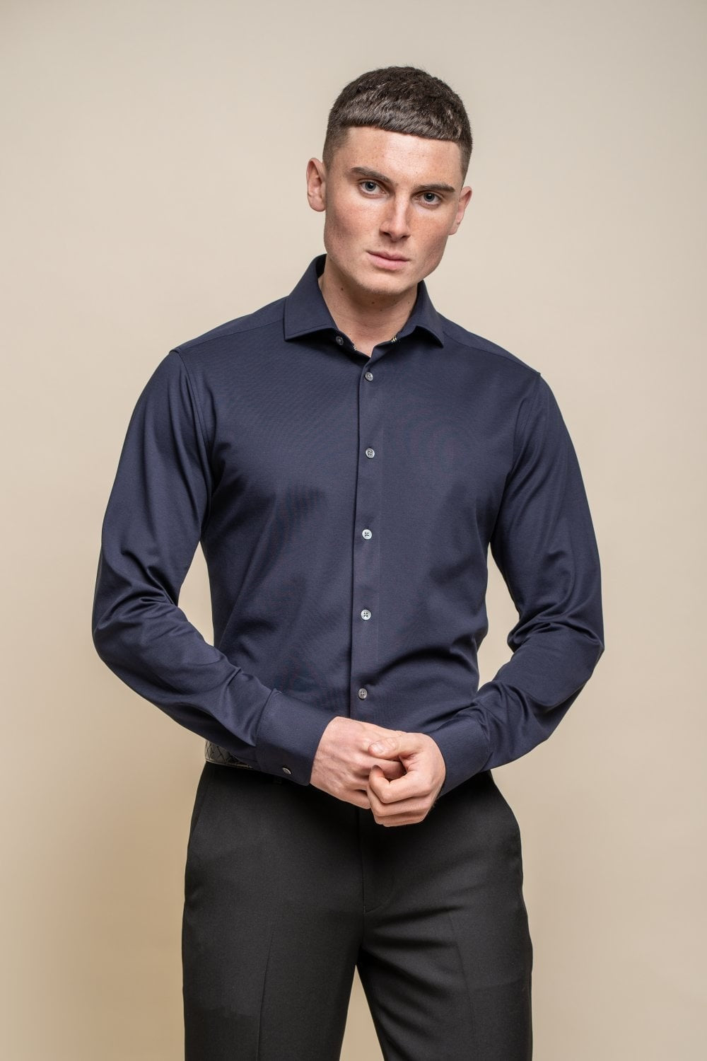 Men's Cotton Slim Fit Long Sleeve Shirt - ASHLEY - Navy Blue