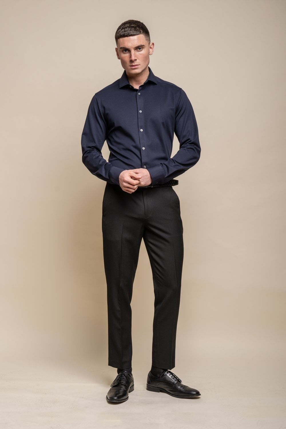 Men's Cotton Slim Fit Long Sleeve Shirt - ASHLEY - Navy Blue