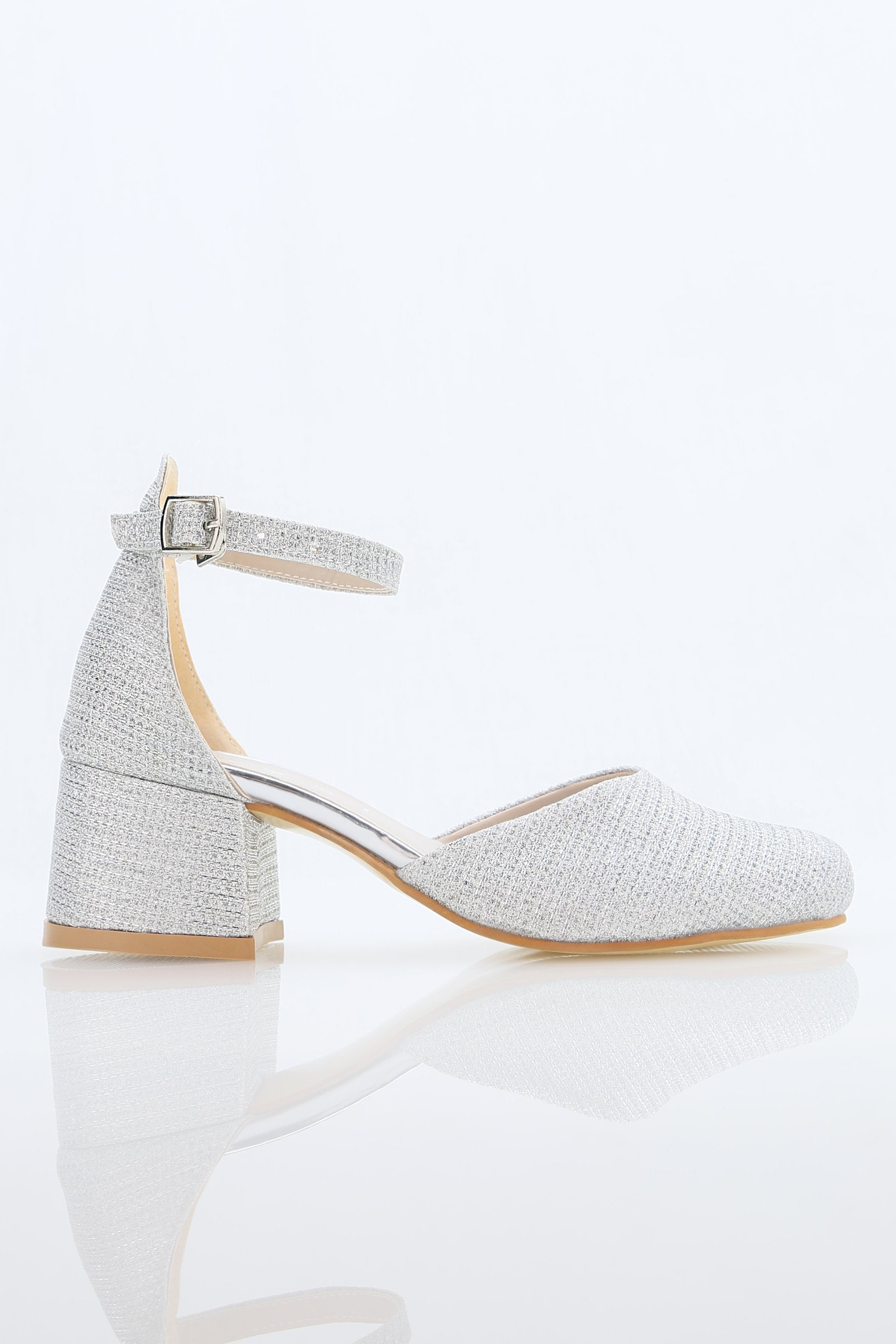 Girls' Ankle Strap White Block Heel Shoes – ELISE - Silver