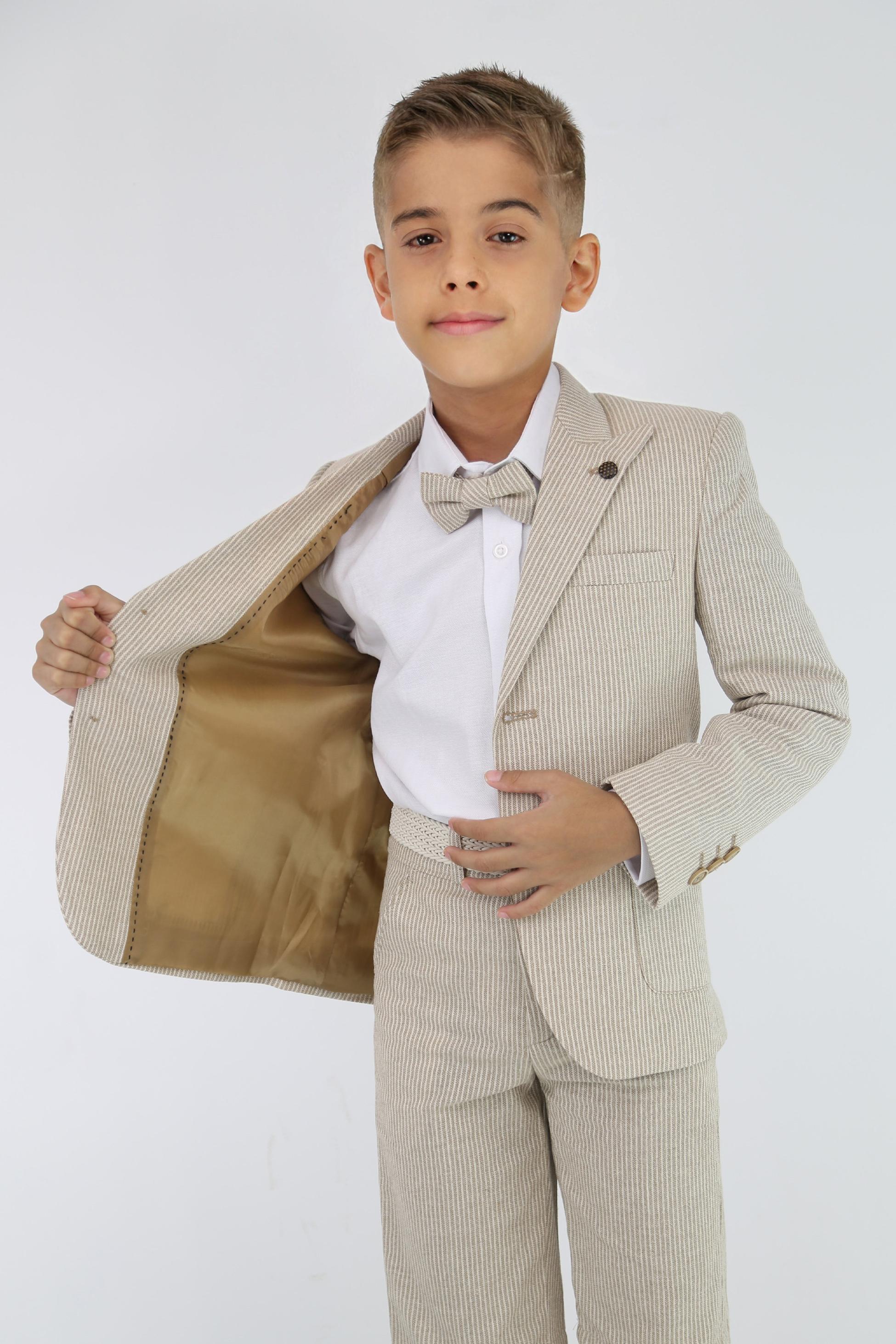 Boys Striped Cotton Seersucker Short Suit – ALEXANDER - Camel Beige