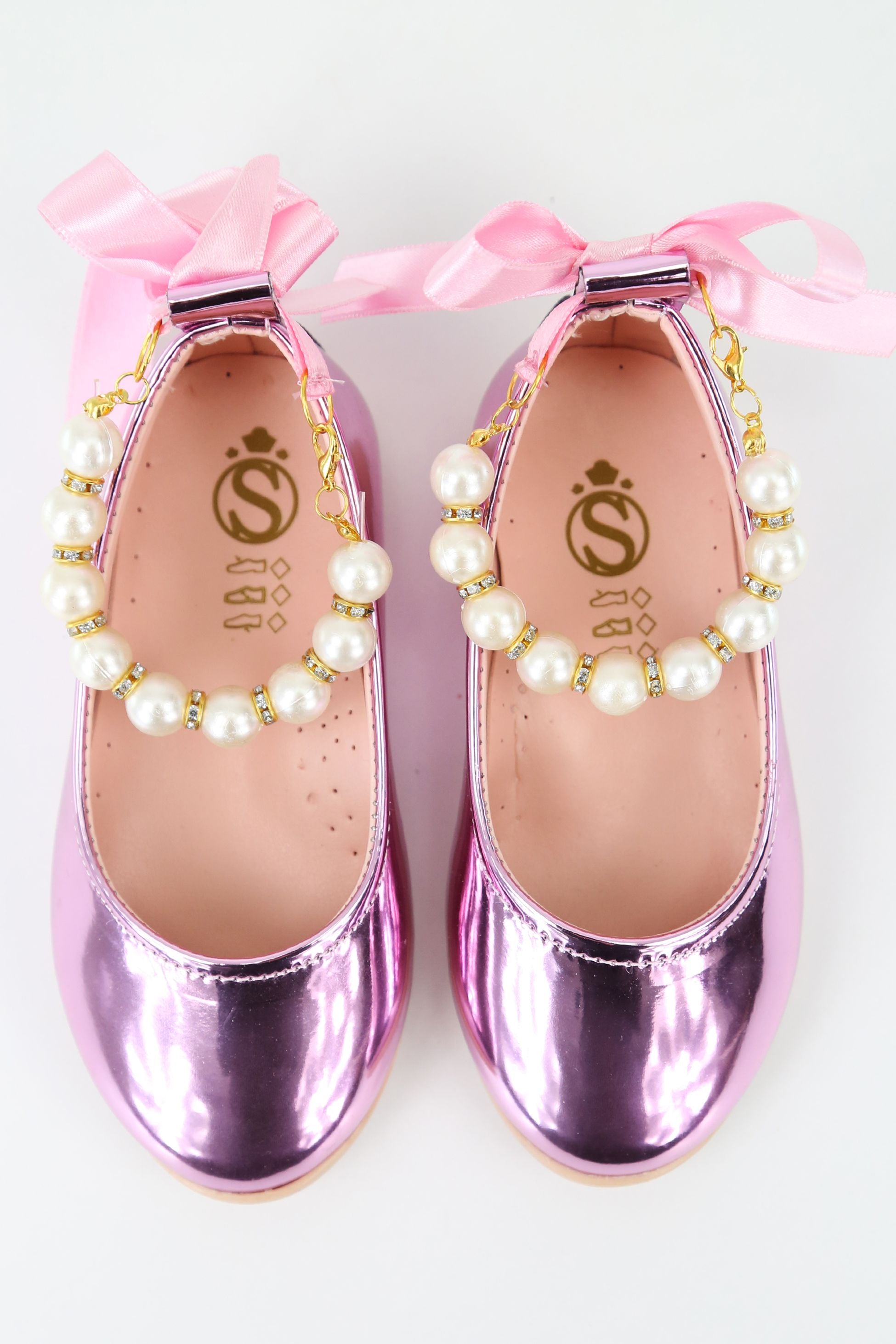 Girls Pearls & Ribbon Slip on Patent Mary Jane Shoes - TEAN - Pink